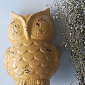 May include: A ceramic owl figurine in a mustard yellow color with distressed brown accents. The owl has large, round eyes and a textured body. Decorative item for home decor.