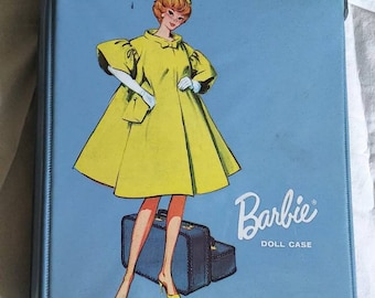 RARE Barbie Doll Case, Vintage Blue Barbie Accessory Case, 1960s Mattel Barbie Case, Green Swing Coat Bubble Cut Barbie Case