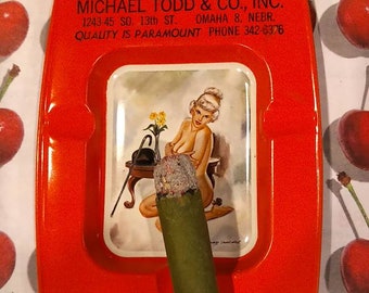 Tin Ashtray Vintage, Naughty Man Cave Ashtray, Michael Todd Co. Inc. Omaha, Nebraska, Risque Ashtray, Tobbaciana Advertising, 1940s