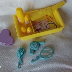 Barbie Vintage Hair Dryer, Vtg Barbie Hair Salon Tray,  Barbie Shampoo, Barbie Mini Toy Bath Products, Hair Curling Wand, Vtg Accessories