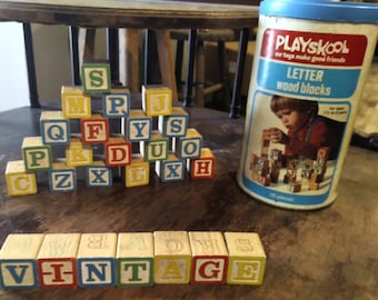 Playschool 1974 Wood Blocks Vintage Set Alphabet,  Vintage Playschool Blocks, Vintage Toy Alphabet Blocks, POW Sticker, Antique Toys