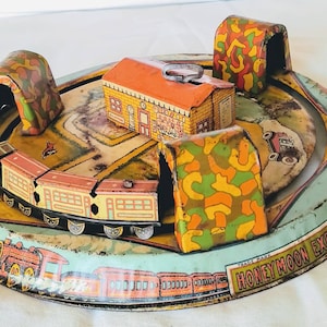 Honeymoon Express da Louis Marx Toys Nova York, Conjunto de trem de corda de metal, Brinquedos Marx, Conjunto de trem antigo, Brinquedos vintage, Brinquedos colecionáveis