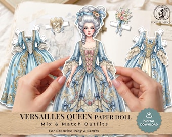 The Versailles Queen Rococo Paper Doll Printable, 18th Century Historical Dress Up Doll, Marie Antoinette Paper Craft, Junk Journal Ephemera