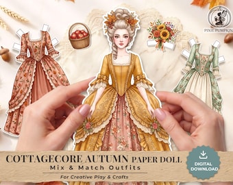 Cottagecore Autumn Paper Doll Printable Kit, Rococo Historical Dress Up Doll PDF, Vintage Fall Paper Craft, Junk Journal Ephemera Download