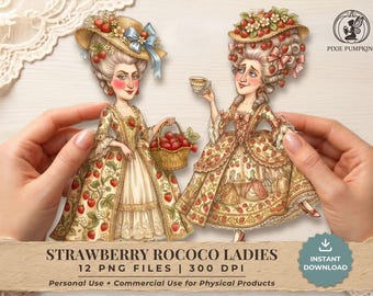 Printable Paper Dolls, 12 Strawberry Rococo Ladies PNG Clipart, Vintage Junk Journal Ephemera, Fussy Cut Collage, Digital Download