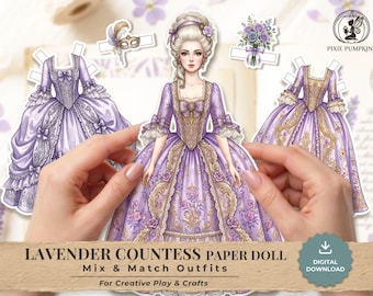 The Lavender Countess Rococo Printable Doll Set, Elegant Dress Up Doll Kit, Vintage Fashion Doll, Marie Antoinette Craft, Junk Journal PDF