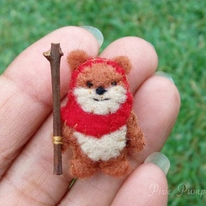 Miniature Felt Ewok, Ewok Miniature Plush, Tiny Felt Ewok, Felted Miniature Ewok, Handmade Ewok Red Hood, Tiny Wicket, Star Wars Plush Toy