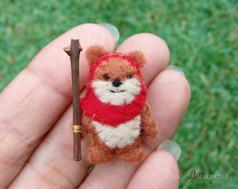 Miniature Felt Ewok, Ewok Miniature Plush, Tiny Felt Ewok, Felted Miniature Ewok, Handmade Ewok Red Hood, Tiny Wicket, Star Wars Plush Toy