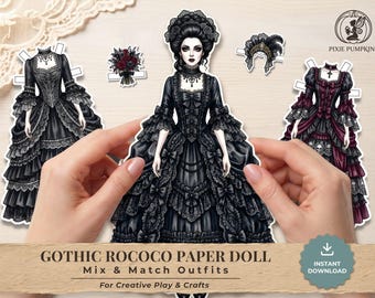 Gothic Rococo Paper Doll Printable Kit, Pastel Goth Dress Up Doll Digital Download, Historical Junk Journal Ephemera, Craft Activity