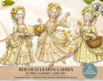 Rococo Lemon Ladies Clipart - 21 PNG Vintage 18th Century Victorian Fashion Graphics, Marie Antoinette Citron Ephemera for Junk Journals