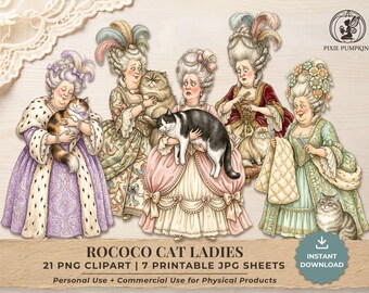 Rococo Cat Ladies, 21 Cat Lady Clipart, Victorian Printable, Marie Antoinette Cats, Junk Journal Ephemera, Fussy Cut PNG JPG, Commercial Use