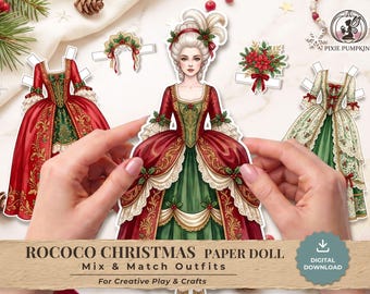 Rococo Christmas Paper Doll Printable, Countess Dress Up Doll Kit, Vintage Victorian Craft, Marie Antoinette Ephemera Junk Journal Fussy Cut