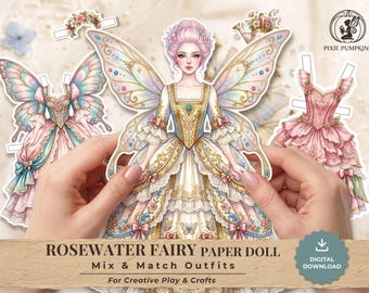 Rosewater Fairy Paper Doll Printable, Mix & Match Fairy Wings Outfits, Rococo Paper Craft Kit, Digital Download Paper Doll, Girls Activity