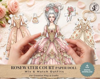 The Rosewater Court Rococo Paper Doll Printable Set, Vintage Dress Up Doll, French Aristocrat Doll Kit, Printable Craft, Digital Download