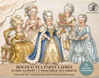 Rococo Tea Party Ladies Clipart, Marie Antoinette Digital Download, Victorian Women Clipart, Junk Journal Ephemera, French Lady Scrapbook