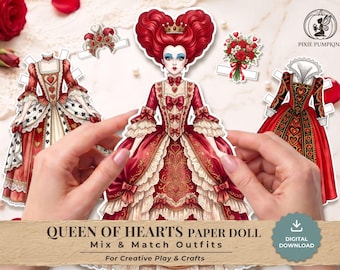 Queen of Hearts Paper Doll Printable, Vintage Wonderland Dress Up Doll, Storybook Character Mix and Match Outfits, Digital Download PDF