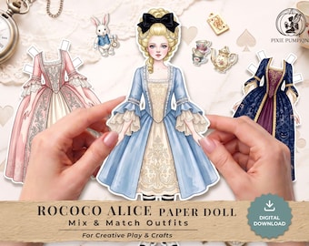 Printable Rococo Alice Paper Doll Kit, 18th Century Dress Up Doll Digital Download, Whimsical Vintage Fairy Tale Junk Journal Ephemera
