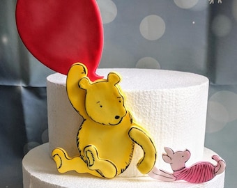 Fondant Winnie the Pooh inspired vintage style cake topper with Piglet and Balloon
