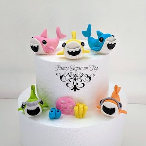 Fondant baby shark inspired cake topper set