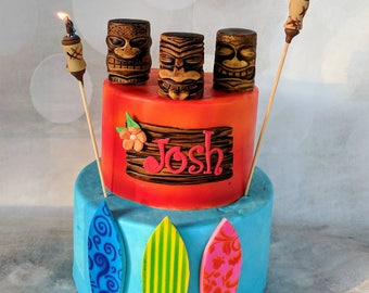 Fondant Tiki, Luau, Surfer, Hawaiian, Beach Cake Topper Set