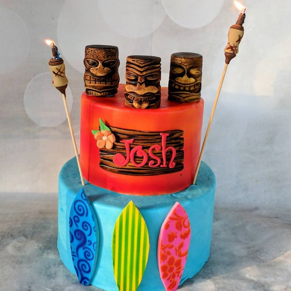 Fondant Tiki, Luau, Surfer, Hawaiian, Beach Cake Topper Set