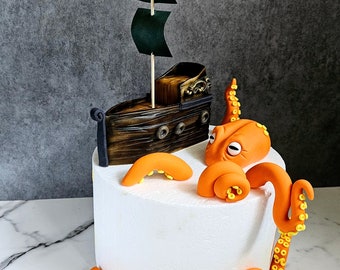 Octopus and Pirate Ship cake topper