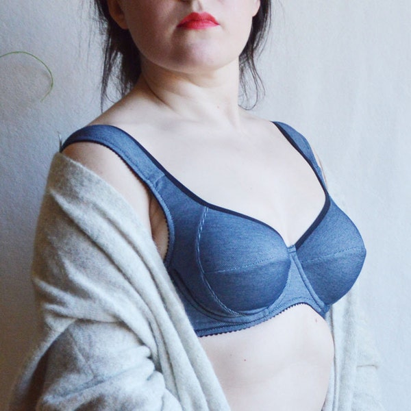 Denim 36B 34C 32D soft bra Full cups bra Wide shoulder straps Vintage style bra Bullet bra stitching Denim lingerie Comfort underwear