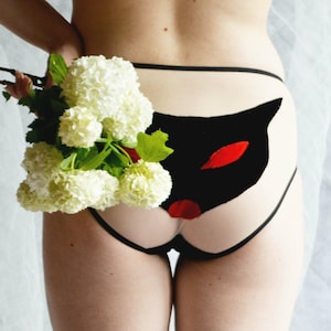 Black velvet panties High waist brief Transparent high rise underwear Full coverage sheer knickers Plus size culottes Gift for cat lover