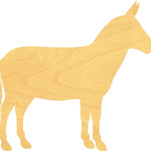 May include: A wooden donkey cutout in a side profile. The donkey is light brown with visible wood grain. The cutout is a simple silhouette, suitable for crafts or decorative purposes.