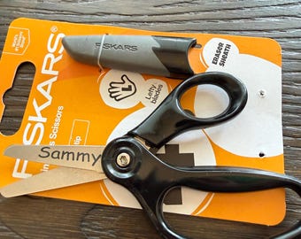 Left Handed Kids Scissors, Personalized Engraved Name, Black Safety Scissors with Sheath, Back to School Gift