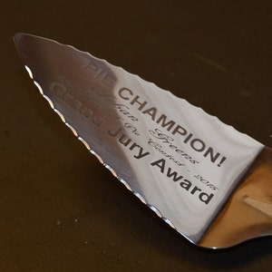 Puede incluir: Una esp&aacute;tula para tartas de acero inoxidable con borde dentado. La esp&aacute;tula est&aacute; grabada con "PIE CHAMPION!" y "Grand Jury Award - 2015". El mango es plateado y la esp&aacute;tula est&aacute; sobre una superficie oscura.