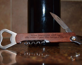 Personalized Wood Wine Opener - Custom Engraved Corkscrew Bottle Opener, Wedding Gift