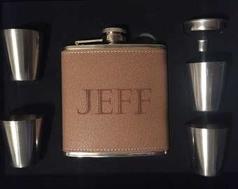 Engraved 6 Ounce Flask Set With Text and or Logo Groomsmen Gift