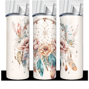 600 ml smal tumbler i rostfritt stål, drömfångare, bohemisk stil, fjädrar och blommor