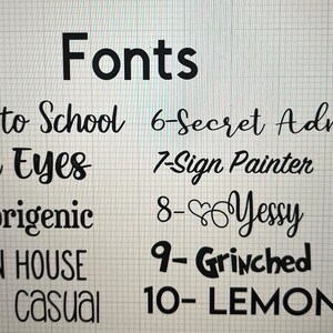 May include: A list of fonts with their names and numbers. The fonts are displayed in black text on a white background. The fonts include: Back to School, Blue Eyes, Euphorigenic, GREEN HOUSE, Hello casual, Secret Admire, Sign Painter, Yessy, Grinched, and LEMON MILK.
