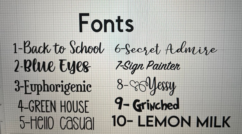 May include: A list of fonts with their names and numbers. The fonts are displayed in black text on a white background. The fonts include: Back to School, Blue Eyes, Euphorigenic, GREEN HOUSE, Hello casual, Secret Admire, Sign Painter, Yessy, Grinched, and LEMON MILK.