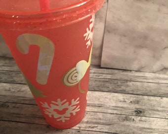 24 ounce glitter cup. Christmas mouse ears, candy canes.
