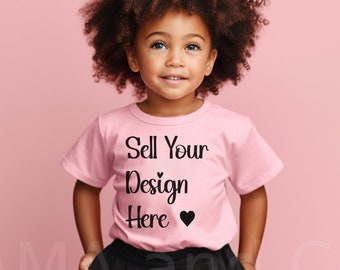 Black Baby Girl Mockup Toddler Pink Tshirt Mock up, African American Child Stock Image, Black and Pink Mock, Youth Pink Shirt Mockup