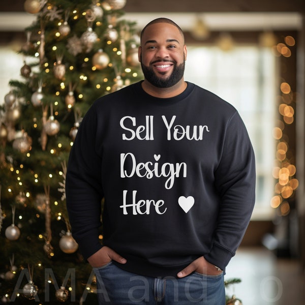 Sweatshirt grande taille, maquette variée de pull ras du cou noir pour homme de grande taille afro-américaine, maquette de vacances de Noël homme noir