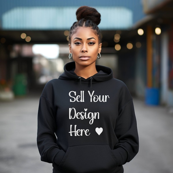 Black Girl Hoodie Mockup, African American Female Lifestyle City Model Mock-up, Black Hoodie Sweatshirt Pullover Winter Fall Mock ups