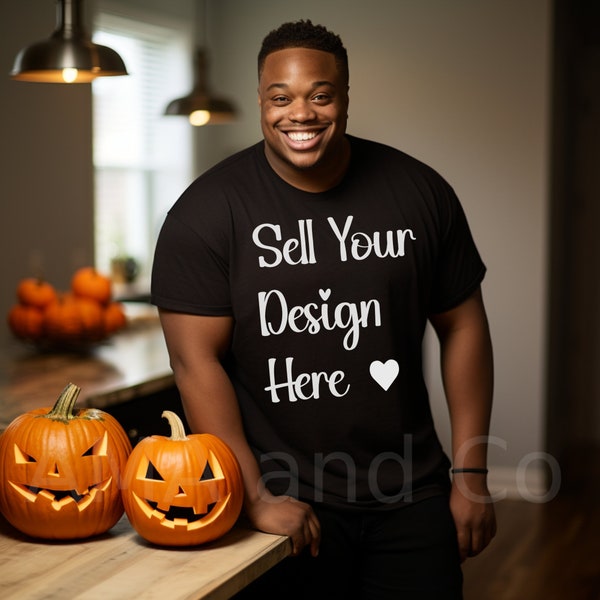 Plus Size Black Male Model Halloween Mockup, African American Big and Tall Man Black Tshirt Mockup, Fall  Autumn Lifestyle Mock up Image