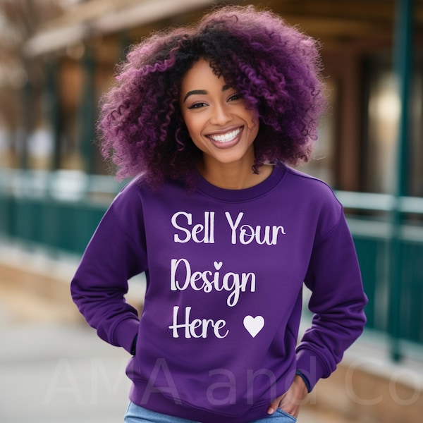 Purple Sweatshirt Mock-up, Black Woman Purple Hair Model Winter Fall Pullover Sweat Shirt Mockup, Diverse African American Apparel Mock up