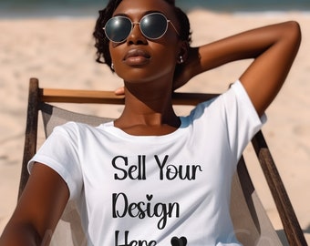 Black Woman Tshirt Mockup, African American Model Mockups, Beach Vacation Stock Image, White T-Shirt Mockup, For Clipart PNG SVG Designs