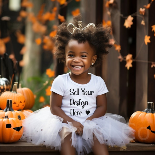 Black Toddler Girl Halloween Mockup, African American Autumn Fall Mock ups, Child Kids White Tshirt & Tutu Stock Image, Diverse Shirt Mockup