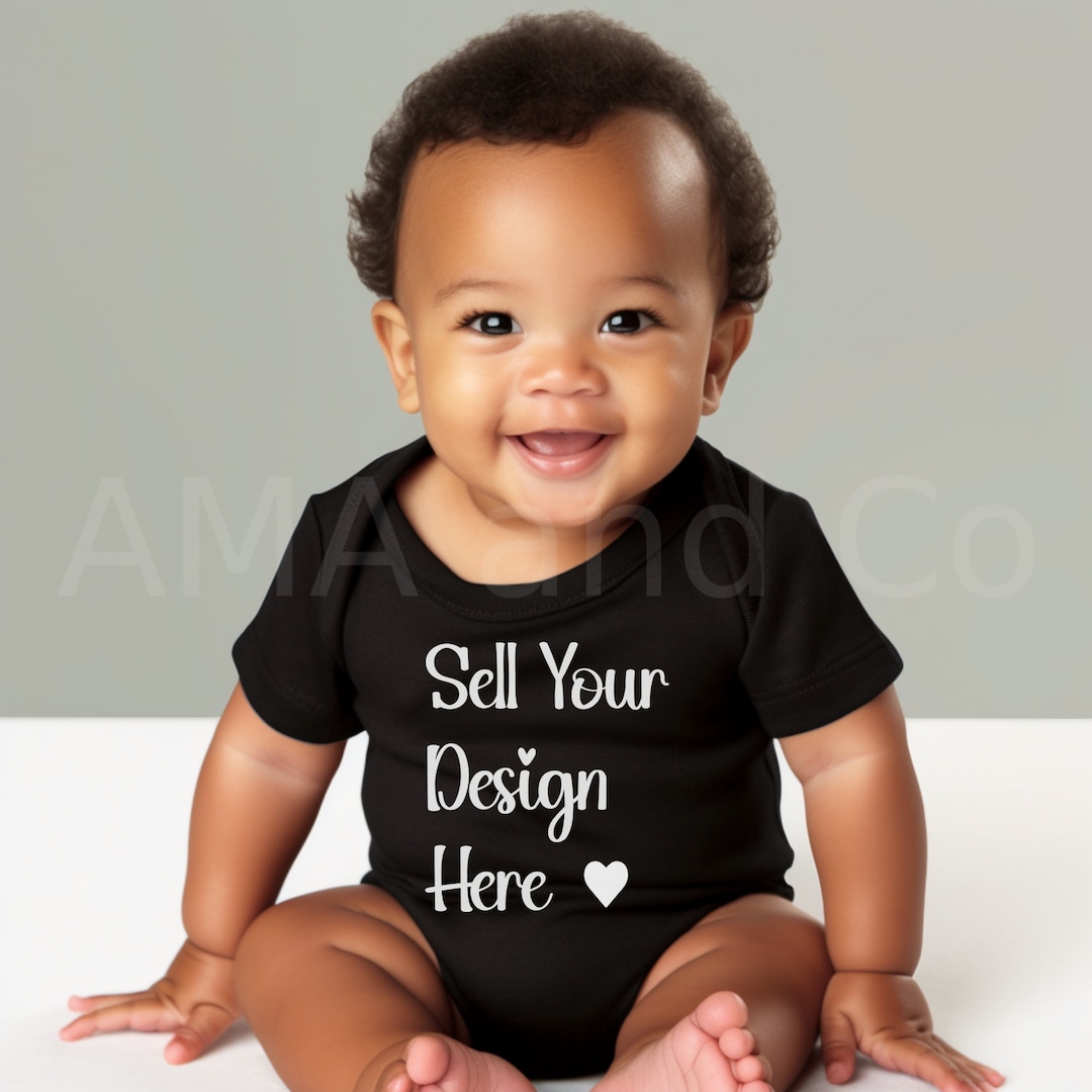 Black Baby Boy Bodysuit Mockup, Black Infant Model Kids One Piece
