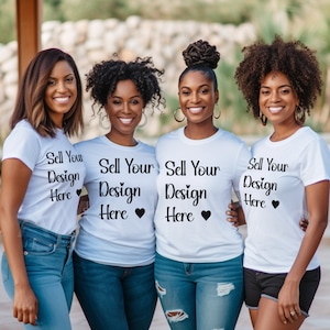 4 Black Woman Group Tshirt Mockup, White Tshirt, Friends T-Shirt Mockup, Bachelorette Mock ups, Girls Trip Mock-up, Bride Mock Image