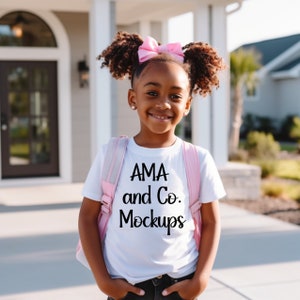 First Day of School Black Girl White Tshirt Mockup, Black Model Kids Tshirt Mock-up, Back To School Student Diverse for Mockups POD