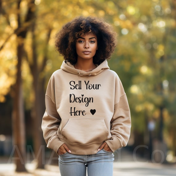 Black Woman Tan Beige Sand Sweatshirt Hoodie Fall Mockup African American Outside Autumn Thanksgiving Stock for Clipart PNG SVG Design Etsy