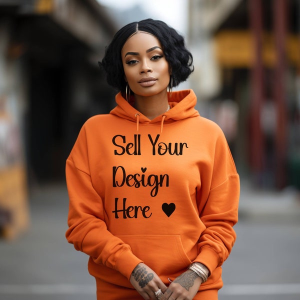 Orange Hoodie Halloween Mockup Black Girl Model, Hooded Sweatshirt Winter Fall Mock-ups Unisex Hood Sweat Shirt Sweater Pullover Mock-up