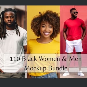 Paquete de maquetas de personas negras, paquete de maquetas de camisetas para hombres y mujeres afroamericanos, paquete de colores de camisetas de diversos modelos, maquetas de chicas negras